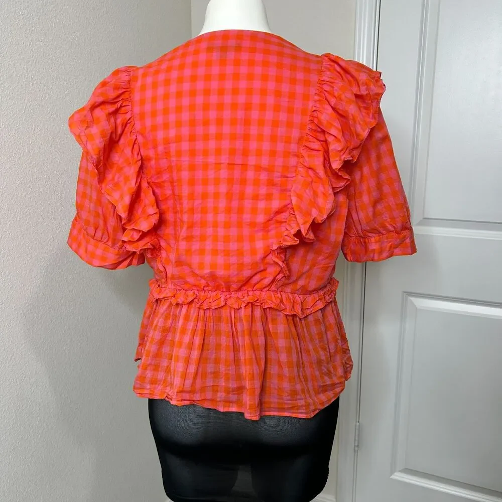 J.Crew Ruffle Wrap Top Gingham Pink Orange Organic Cotton Peplum Blouse XL